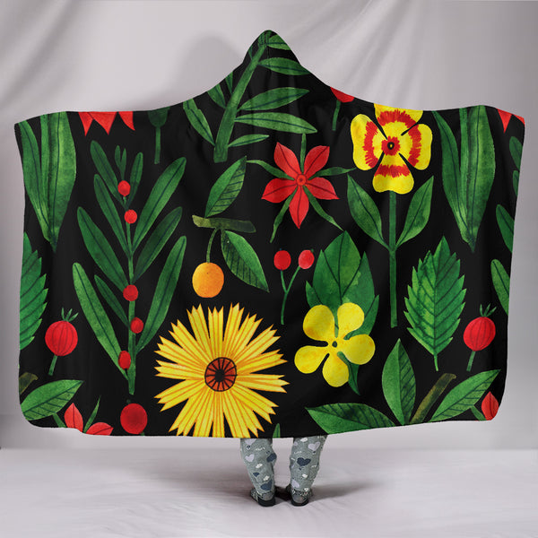 Watercolor Black Floral Hooded Blanket