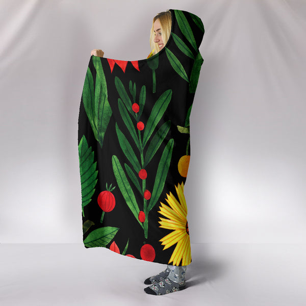 Watercolor Black Floral Hooded Blanket